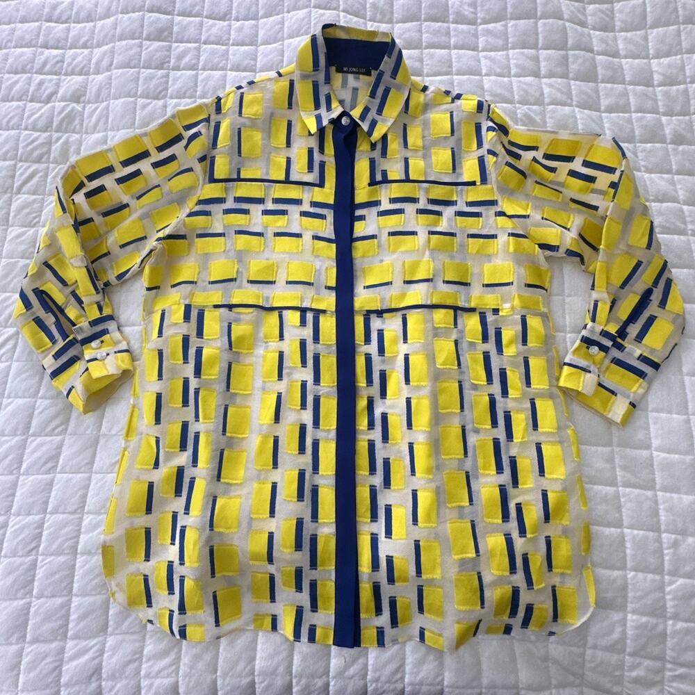 Mi Jong Lee Top Womens XS Yellow Blue Semi Sheer Oversized Artsy Lagenlook Chic